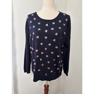 Talbots Women’s 1X Navy Blue Pink Sequin Heart Sweater Scoop Neck Girly